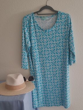 Aqua Floral-Pattern Scoop Neck Midi Dress